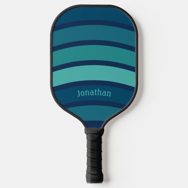 Retro Wave Streifen & Name in Blautönen und Aquama Pickleball Schläger (Vorderseite)