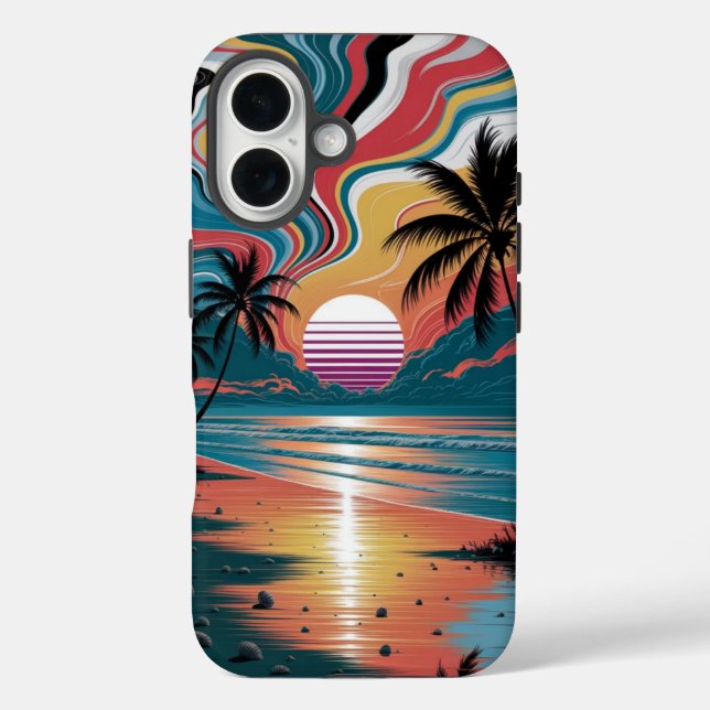 Retro Wave Sunset iPhone 16 Hülle (Rückseite)