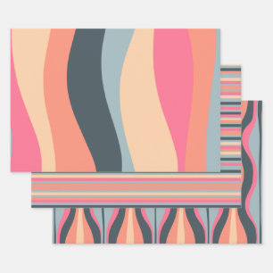 Retro Waves und Streifen Rosa Aprikosenblau Geschenkpapier Set