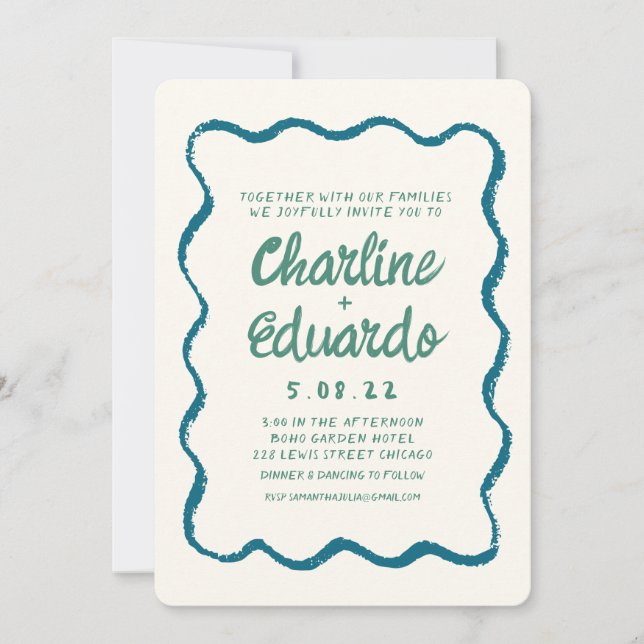Retro Wavy Blue und Green Handwriting Wedding Einladung (Vorderseite)