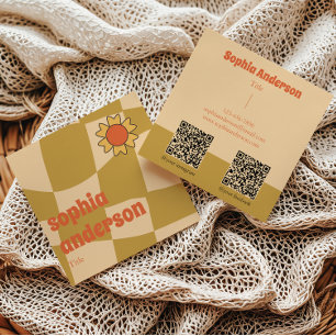 Retro Wavy Checkerboard mit Sonnenblumen _ Qr Code Quadratische Visitenkarte