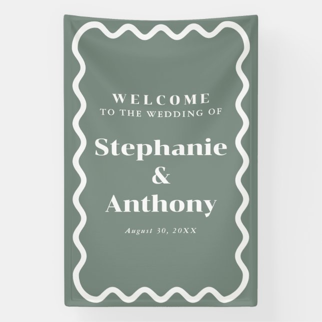 Retro Wavy Edge Sage Green Wedding der 50er Jahre Banner (Vertikal)