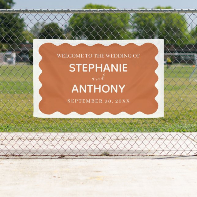 Retro Wavy Edge Terracotta Wedding Banner (Insitu)