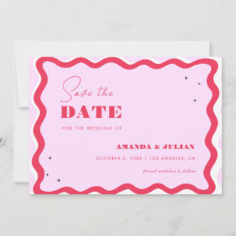 Retro Wavy Frame 70er Rosa und Rotes Foto 77 Save The Date