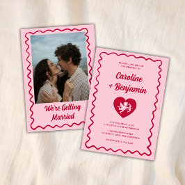 Retro Wavy Frame Red Pink Cupid Heart Wedding Einladung