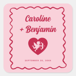 Retro Wavy Frame Red Pink Cupid Heart Wedding Quadratischer Aufkleber