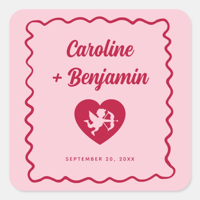 Retro Wavy Frame Red Pink Cupid Heart Wedding Quadratischer Aufkleber (Vorderseite)