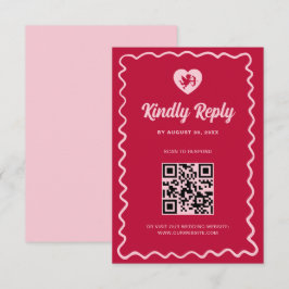 Retro Wavy Frame Red Pink Cupid Wedding QR Code RSVP Karte