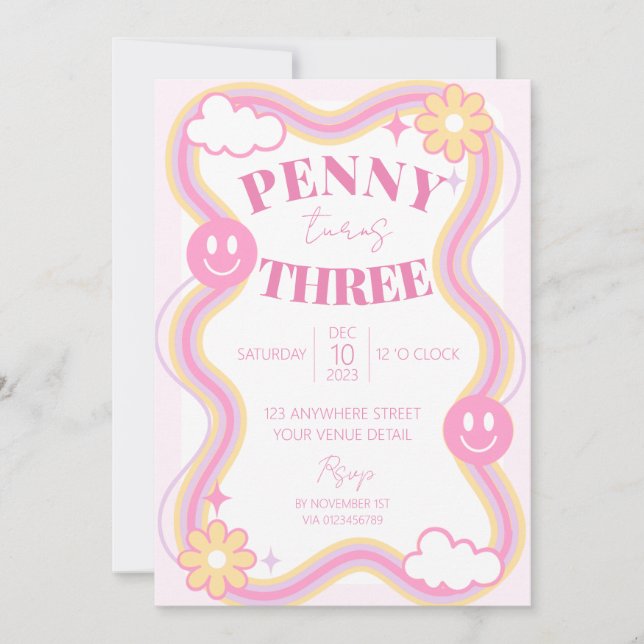 Retro Wavy Girls Birthday Party Invitation (Devant)