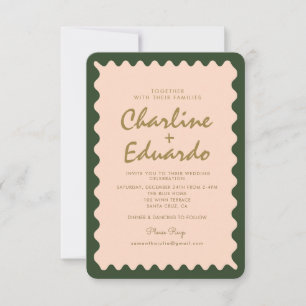 Retro Wavy Green Peach Pastel Hochzeit Einladung