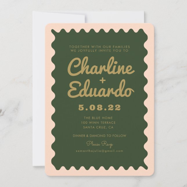 Retro Wavy Green Peachy Golden Wedding Einladung (Vorderseite)
