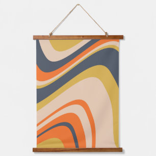 Retro Wavy Lines - Orange, Navy, Yellow, Beige Wandteppich Mit Holzrahmen