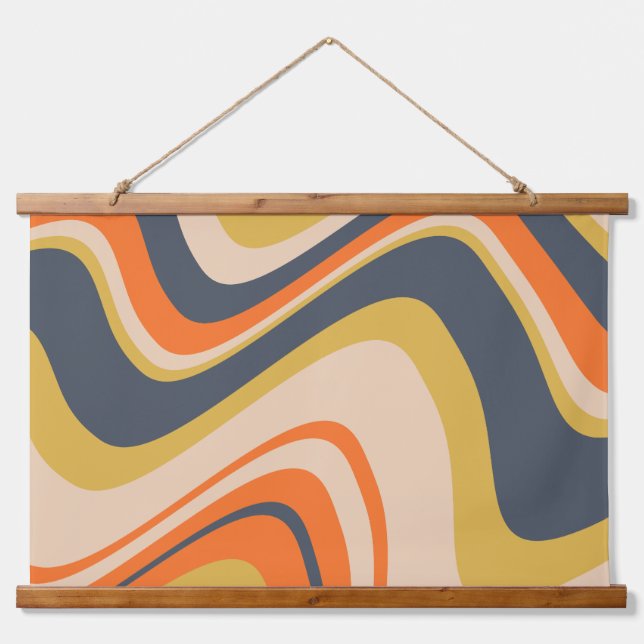Retro Wavy Lines - Orange, Navy, Yellow, Beige Wandteppich Mit Holzrahmen (Vorne)