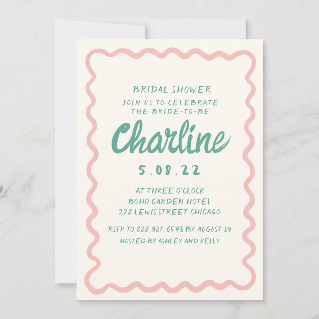 Retro Wavy Pink & Green Handwriting Brautparty Einladung (Vorderseite)