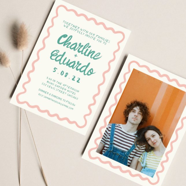 Retro Wavy Pink und Green Handwriting Wedding Einladung (Von Creator hochgeladen)