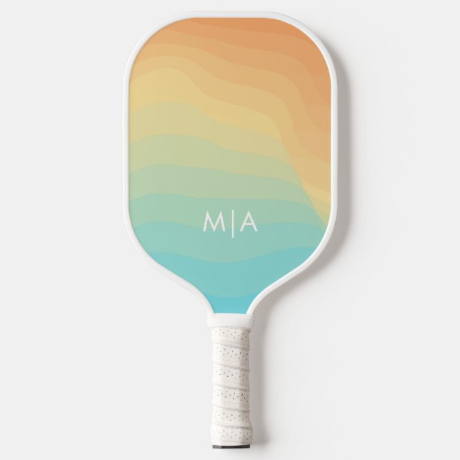 Retro Wavy Rainbow Modern Monogram Pickleball Schläger (Vorderseite)