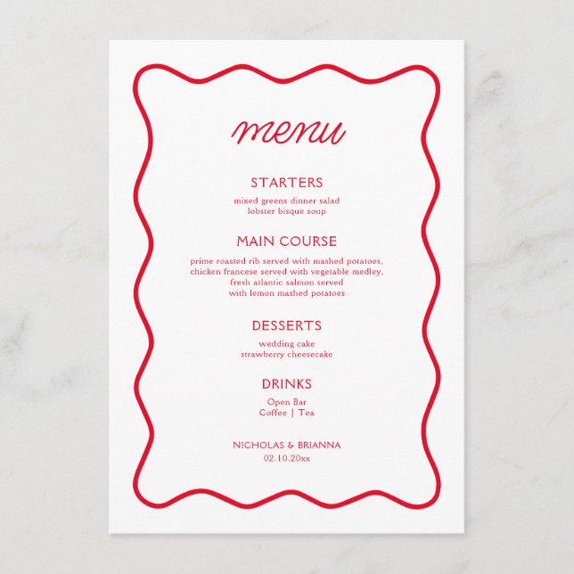 Retro Wavy Red und White Valentine Wedding Menükarte (Vorderseite)