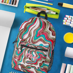 Retro Wavy Stripes Hot Pink Burgundy Monogram Name Bedruckter Rucksack