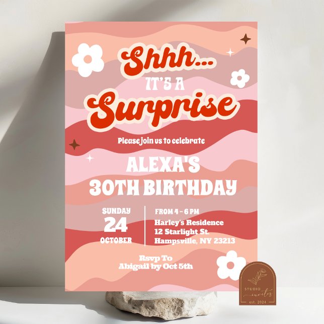 Retro Wavy Surprise Invitation de fête d'anniversa (Créateur téléchargé)