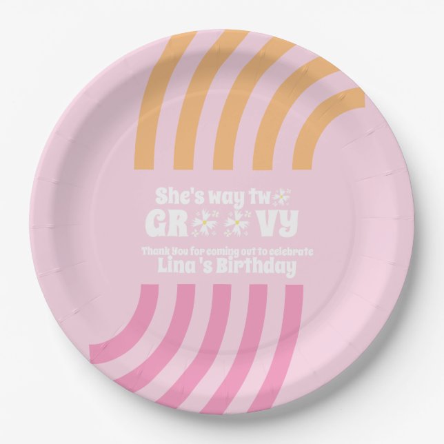 Retro Way Two Groovy Daisy Blume Birthday Pink Pappteller (Vorderseite)