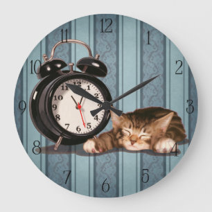 Retro Wecker und Miezekatze Große Wanduhr