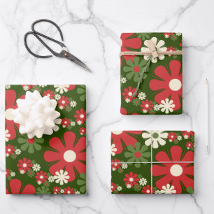 Retro Weihnachten Blume 60er 70er Ästhetische Geschenkpapier Set