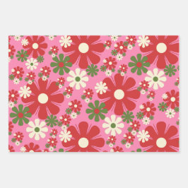 Retro Weihnachten Blume 60er 70er Floral auf Rosa Geschenkpapier Set