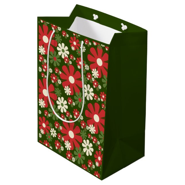 Retro Weihnachten Blume 60er 70er Floral Pattern Mittlere Geschenktüte (Rückseite Schrägansicht)