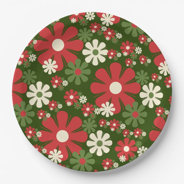 Retro Weihnachten Blume 60er 70er Floral Pattern Pappteller (Vorderseite)