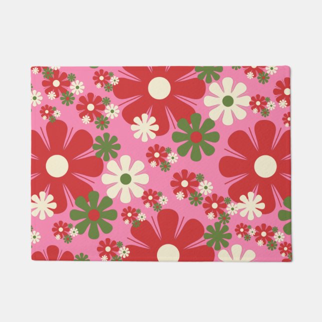 Retro Weihnachten Blume 60er 70er Rosa Blütenbraun Fußmatte (Vorderseite)