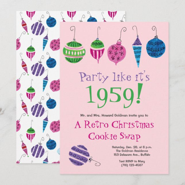 Retro Weihnachten Hand-Illustriert Cocktail Party Einladung (Vorne/Hinten)