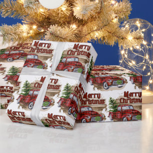Retro Weihnachten Karierter roter Vintager LKW Far Geschenkpapier