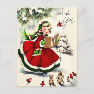 Retro-Weihnachten kleines Mädchen singt für Kaninc Postkarte