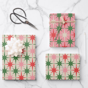 Retro-Weihnachten Midcentury Atomarer Sternenexplo Geschenkpapier Set