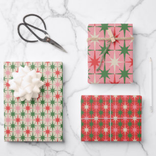 Retro-Weihnachten Midcentury Atomarer Sternenexplo Geschenkpapier Set