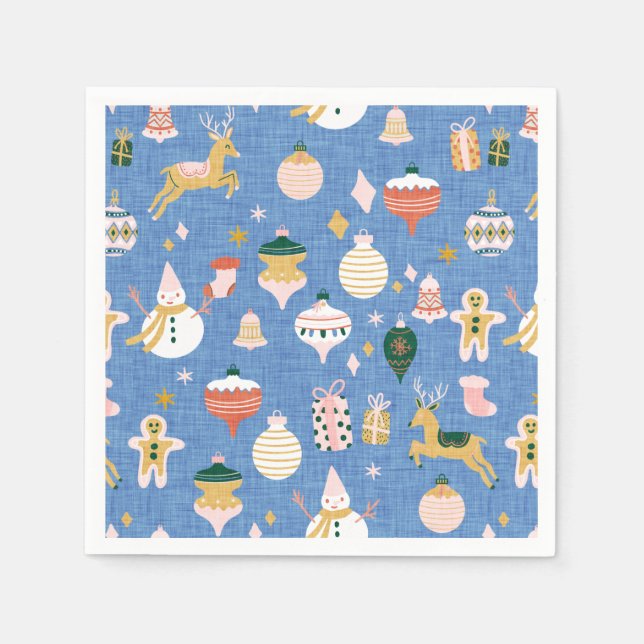 Retro Weihnachten niedliche Ornamente blau Serviette (Vorderseite)