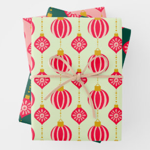 Retro Weihnachten Ornamente Rosa und Grün Geschenkpapier Set