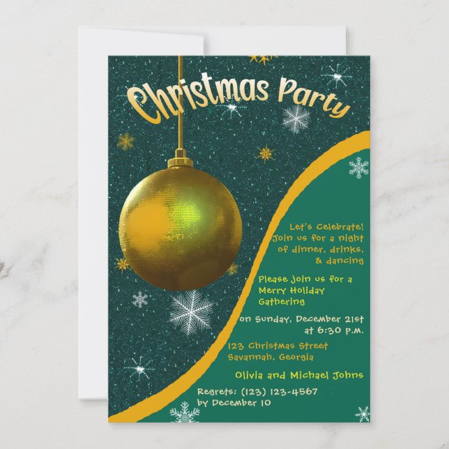 Retro Weihnachten Party Einladung Grün und Gold (Vorderseite)