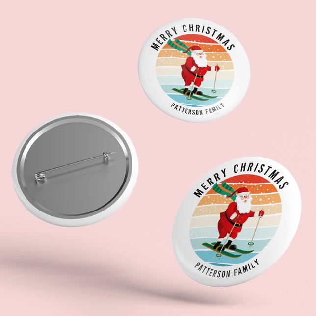 Retro Weihnachten Sonnenuntergang Skifahren Santa  Button (Von Creator hochgeladen)
