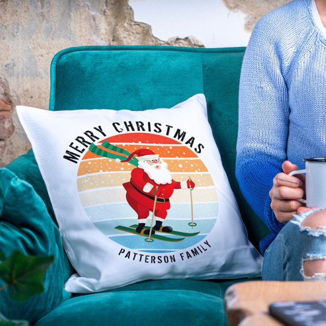 Retro Weihnachten Sonnenuntergang Skifahren Santa  Kissen (Von Creator hochgeladen)