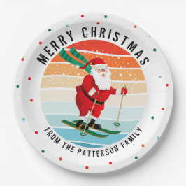 Retro Weihnachten Sonnenuntergang Skifahren Santa  Pappteller