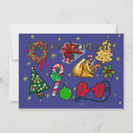 Retro Weihnachten Vintag farbenfroh blau grün Einladung