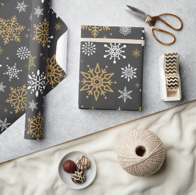 Retro Weihnachten Weißer und Goldschneeflocken Vin Geschenkpapier (Kunsthandwerk)