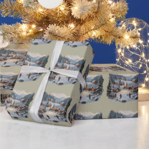 Retro-Weihnachten Winterdorf 90er Berge Bäume Geschenkpapier