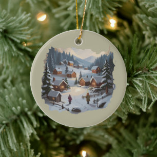 Retro-Weihnachten Winterdorf 90er Berge Bäume Keramik Ornament