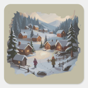 Retro-Weihnachten Winterdorf 90er Berge Bäume Quadratischer Aufkleber