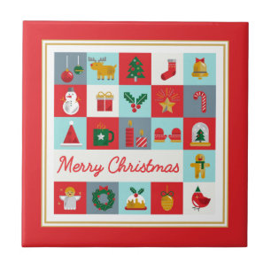 Retro-Weihnachts-Icon-Raster mit rotem Rahmen Fliese