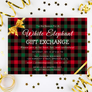Retro-Weihnachts-Karo-White-Elephant-Geschenkausta Einladung
