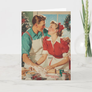 Retro-Weihnachts-Paar beim Backen voller Liebe Karte