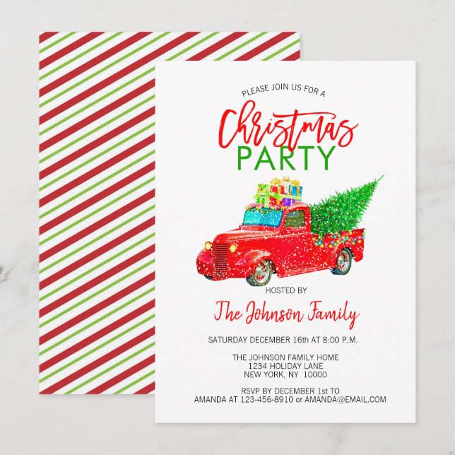 Retro Weihnachts Party Pick-up Truck Tree Red Gree Einladung (Vorne/Hinten)